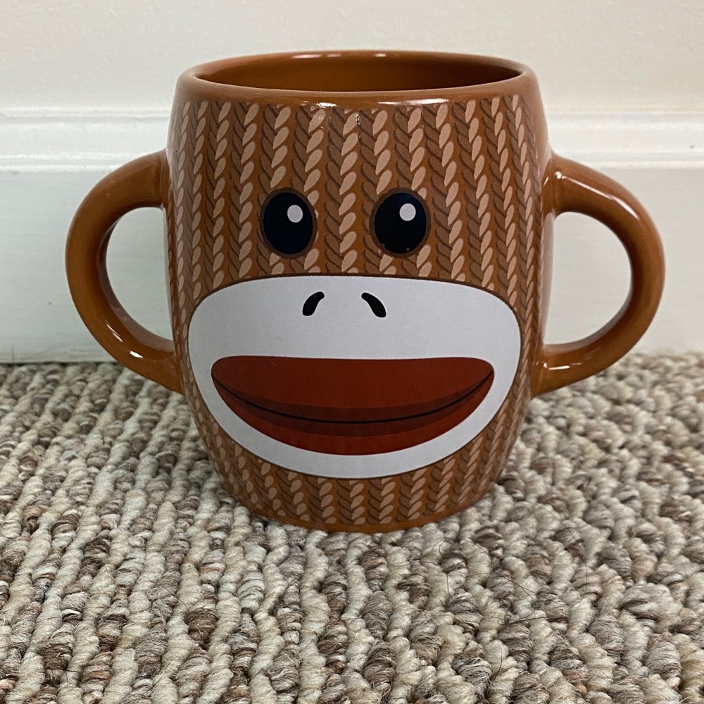 Brown Sock Monkey Face Double-Handle Ceramic Mug Double Sided Face
